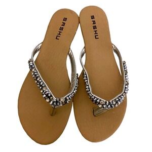 Sashu Silver Thong Sandals with Beaded Embellishments, Casual Slides‎ women 9.5
